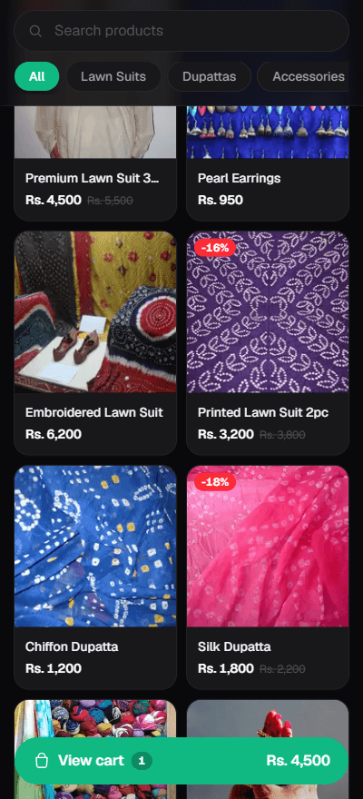 The storefront product grid on a phone