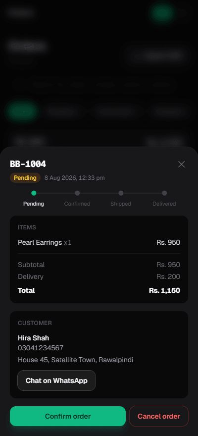 An order open in the dashboard, showing its items, customer and status