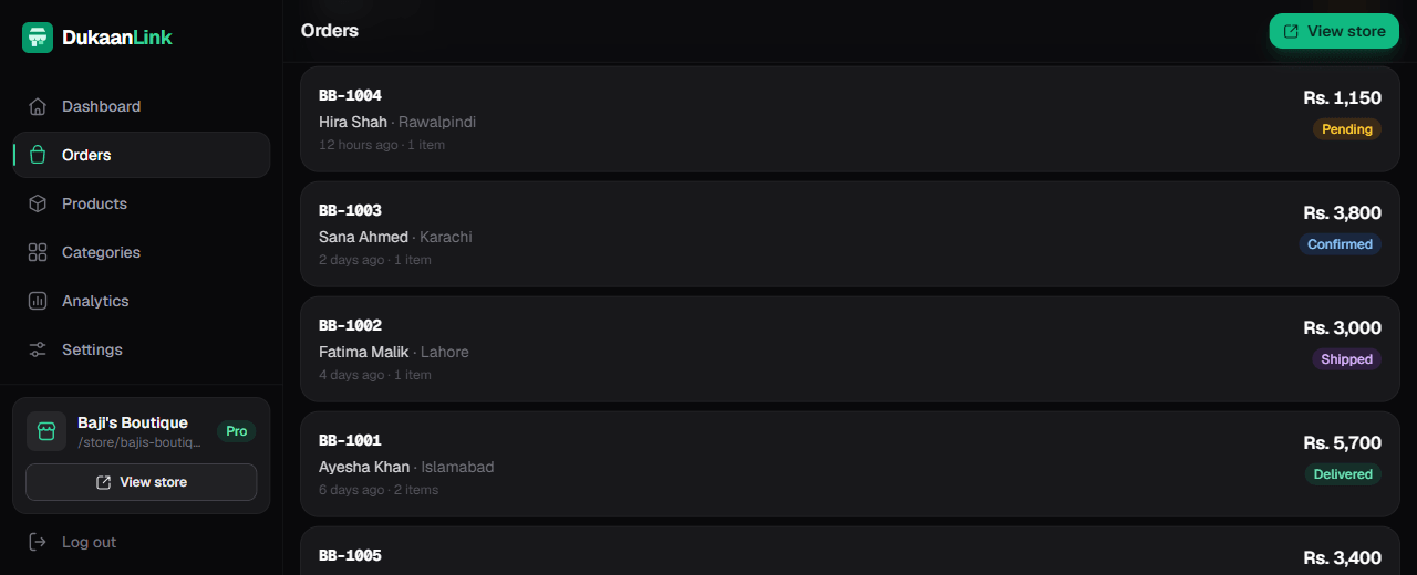 The Hattiify orders dashboard listing numbered orders with their status
