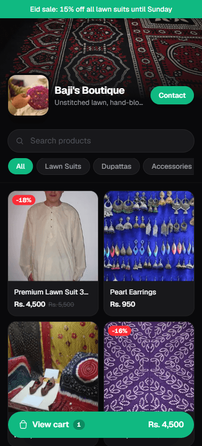 The Albatross storefront on a phone, showing the catalog and a filled cart